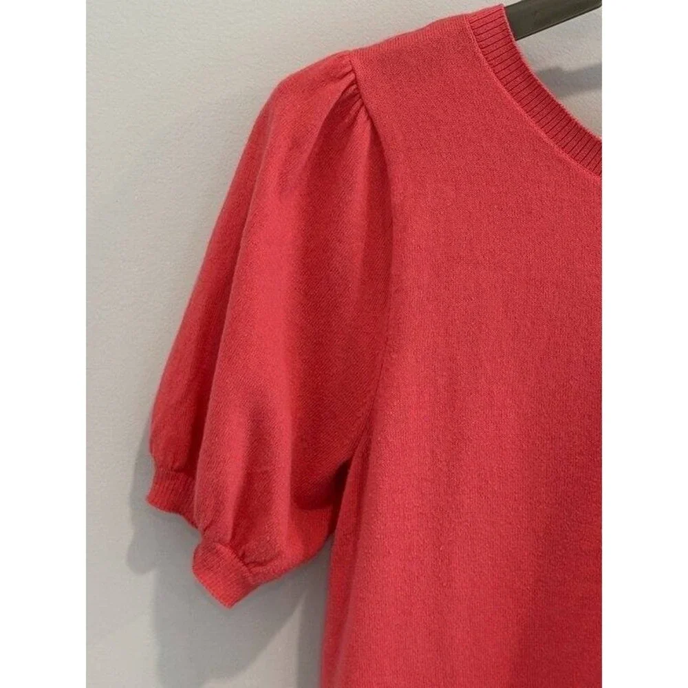 J Crew Womens Coral Pink Short Puff Sleeve Cotton Sweater Floral Back Neck Tie M